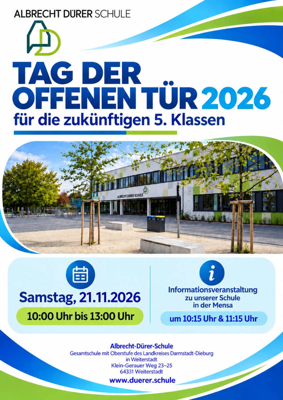 Flyer Tag der offenen Tür 2026 für die zukünftigen 5. Klassen, Samstag 21.11.2026, 10 bis 13 Uhr